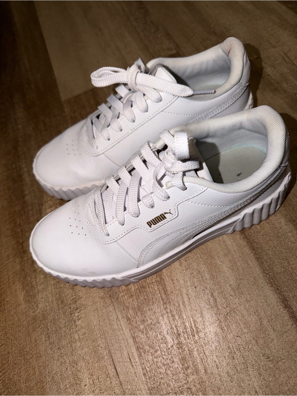 Puma White Leather Platform Lace-Up Sneakers with Gold Logo
